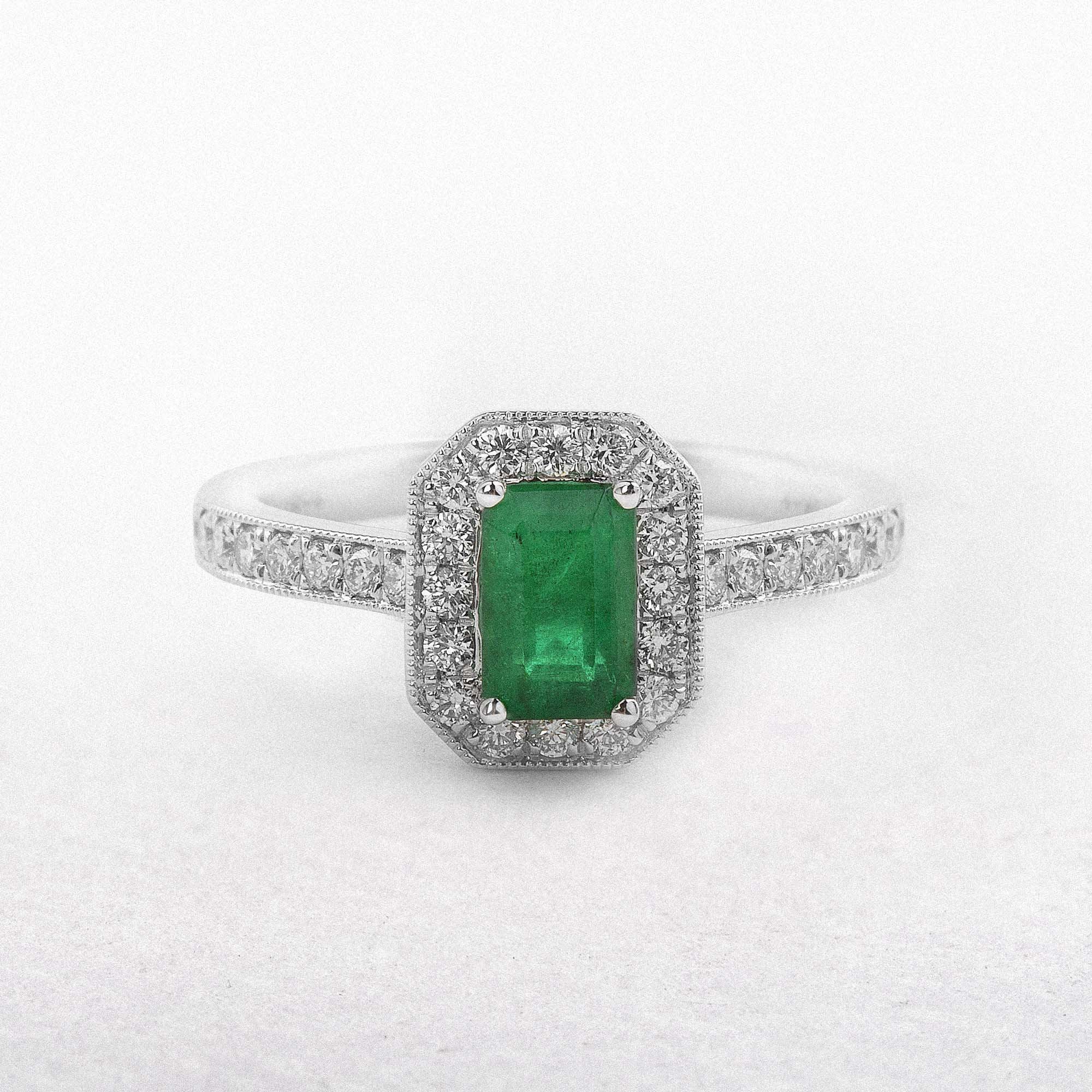 0.90ct Emerald & 0.48ct Natural Diamond Halo Ring with Diamond Shoulders in 18ct White Gold