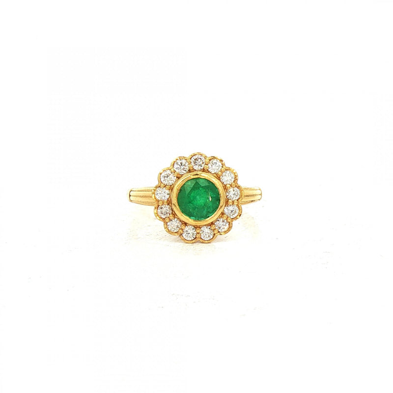 0.90ct Round Emerald & 1.00ct Natural Diamond Halo Cluster Floral Style Ring in 18ct Yellow Gold