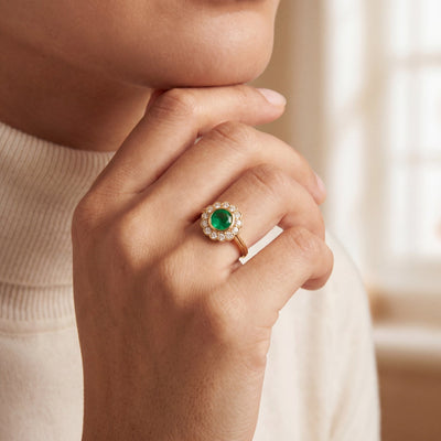 0.90ct Round Emerald & 1.00ct Natural Diamond Halo Cluster Floral Style Ring in 18ct Yellow Gold