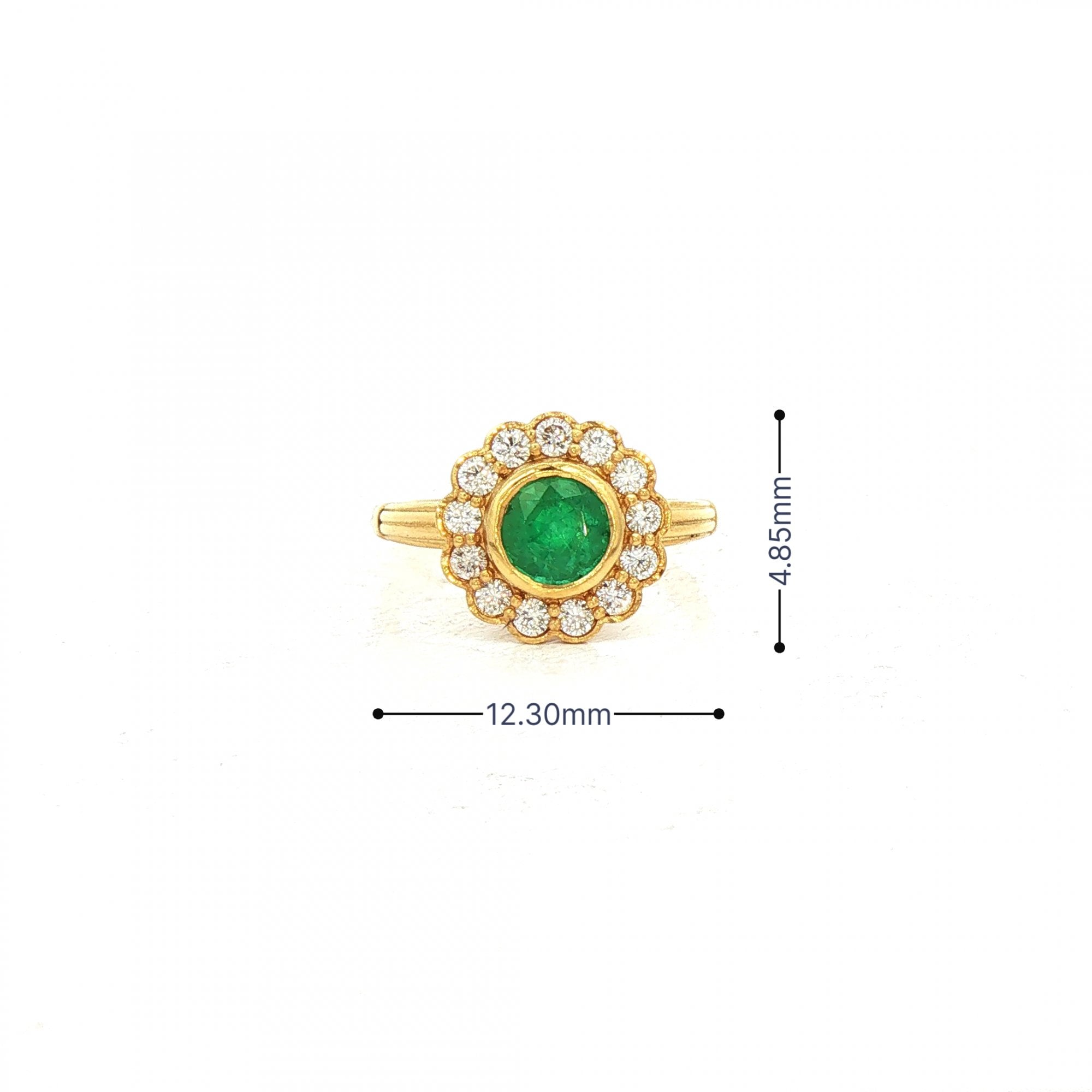 0.90ct Round Emerald & 1.00ct Natural Diamond Halo Cluster Floral Style Ring in 18ct Yellow Gold