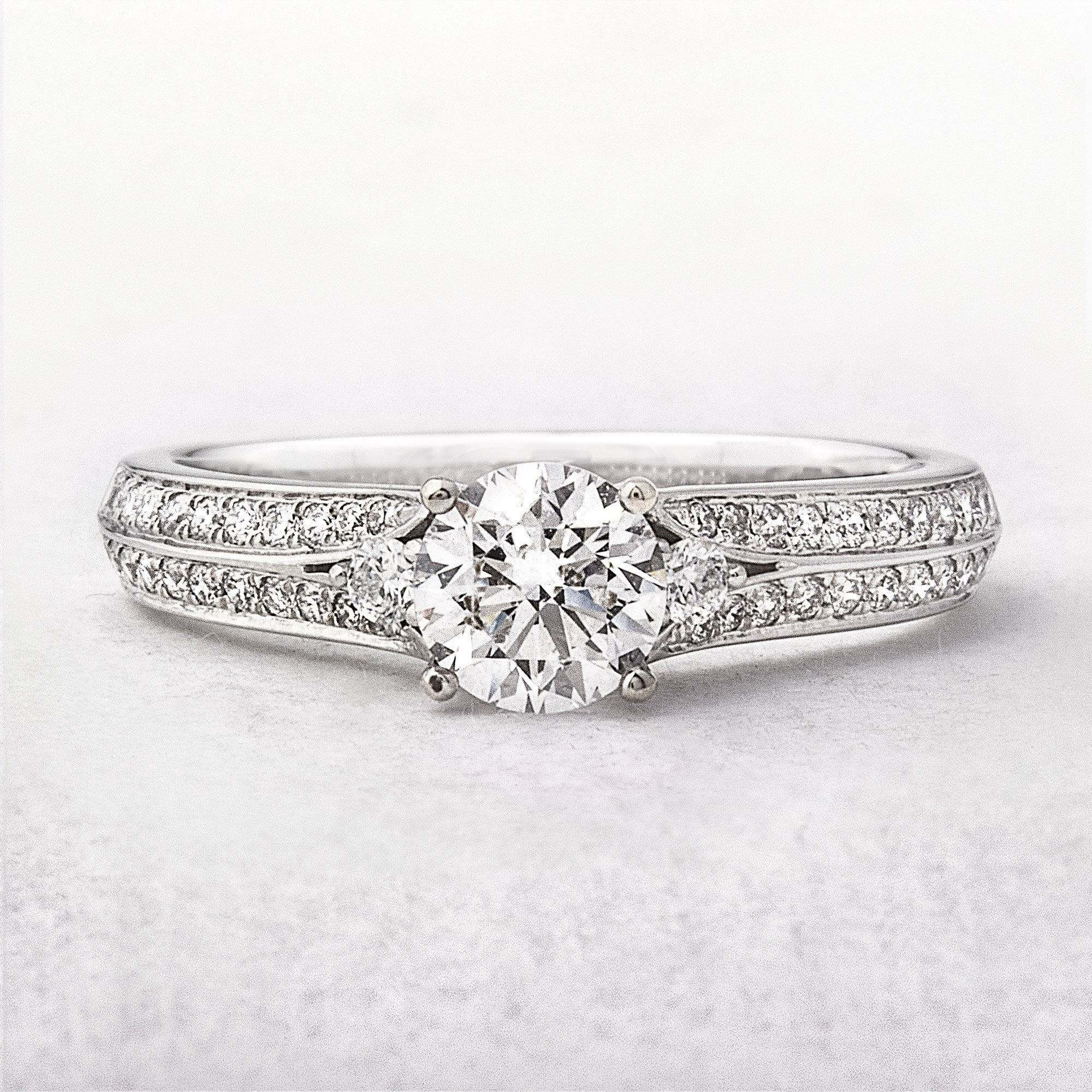 0.91ct E VS1 GIA Certified Diamond with Double Row Diamond Shoulders 18ct White Gold Engagement Ring