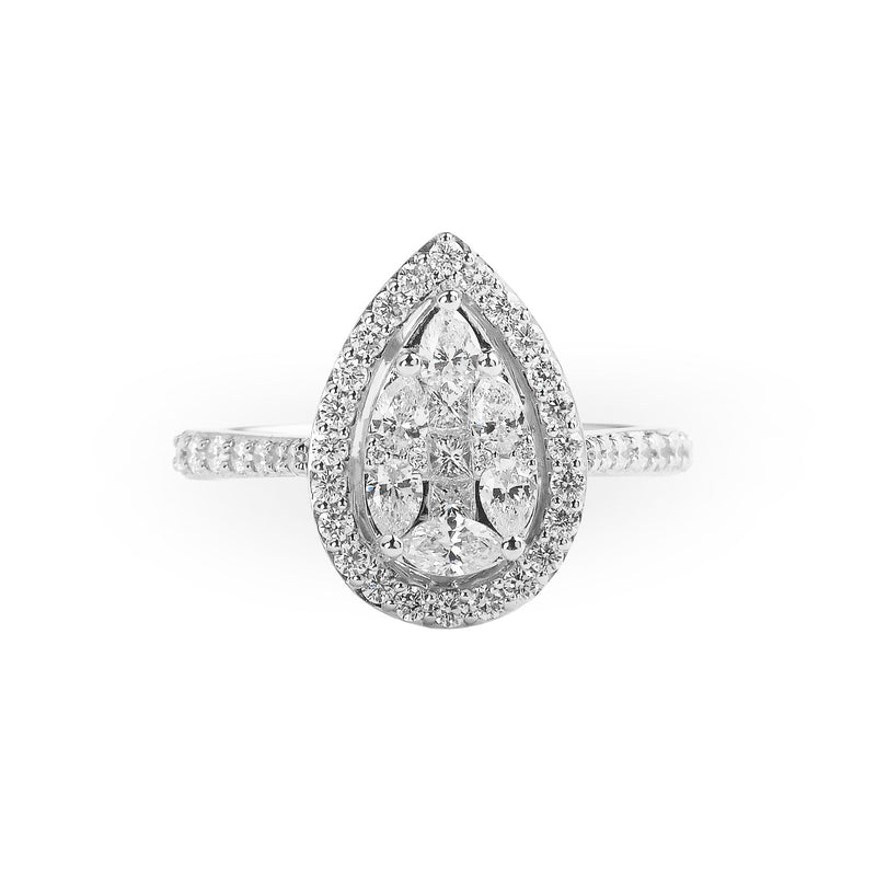 0.92ct Natural Diamond Pear Shape Halo Cluster Ring With Diamond Shoulders Set In 18ct White Gold
