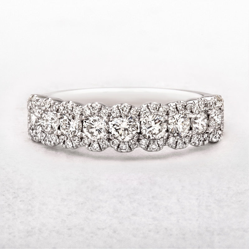 0.93ct Natural Diamond Nine Stone Round Cut Halo Ring Set In 18ct White Gold