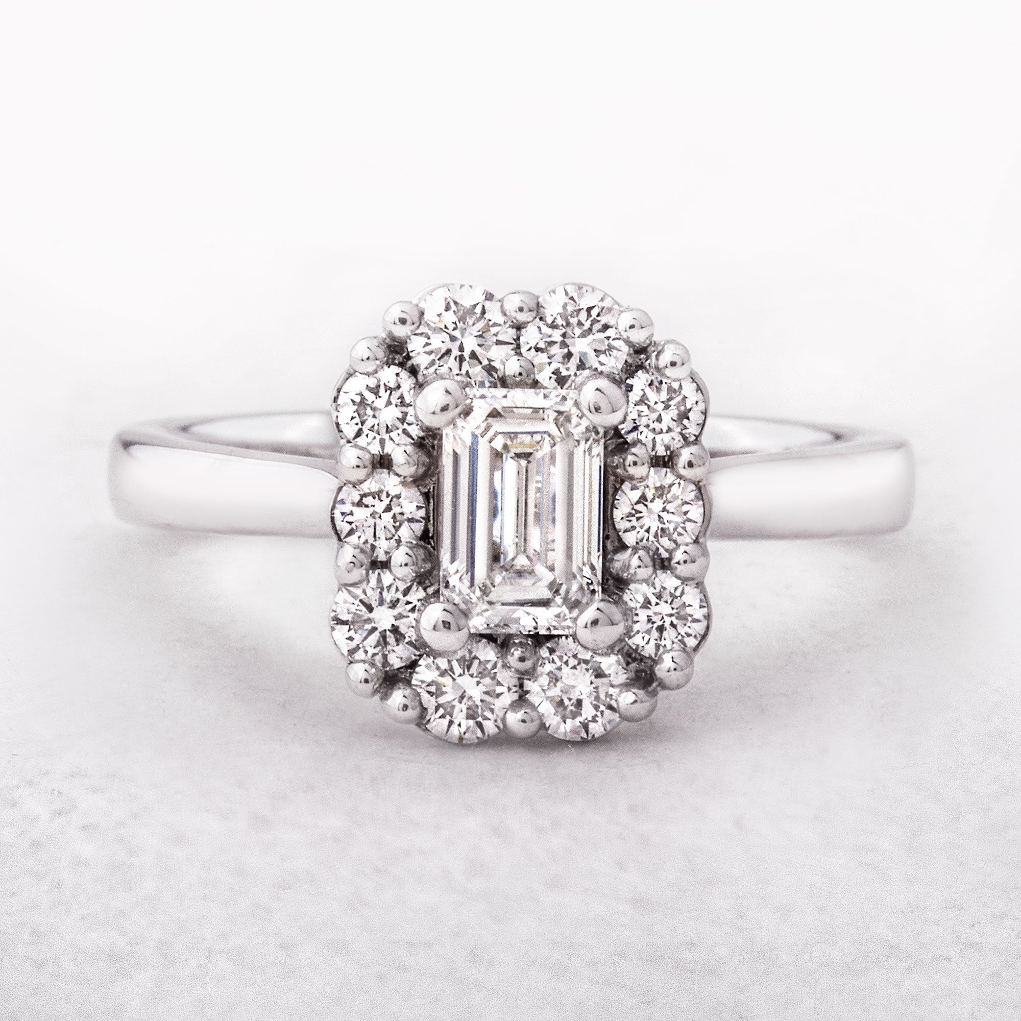 0.95ct E VVS2 GIA Certified Emerald Cut Natural Diamond Halo Platinum Engagement Ring