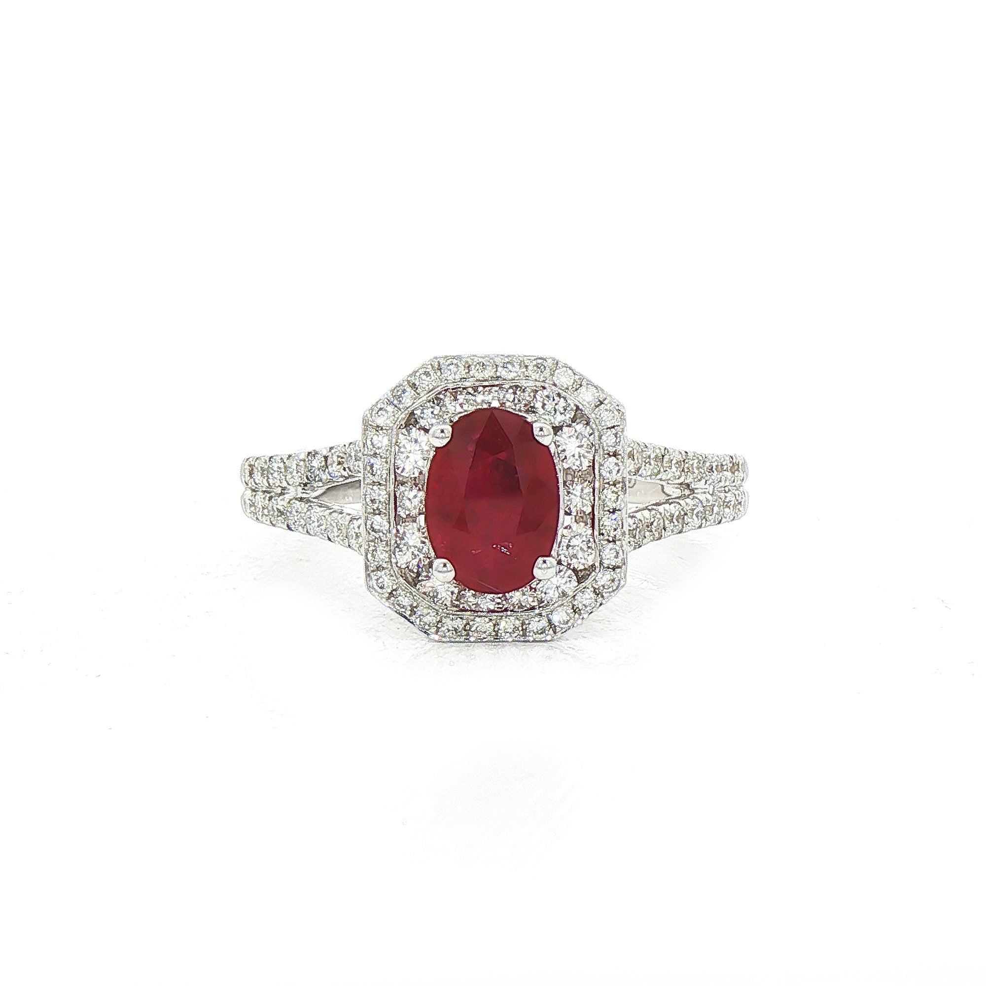 0.95ct Oval Ruby & Natural Diamond Cluster 0.60ct with Diamond Split Band in 18ct White Gold