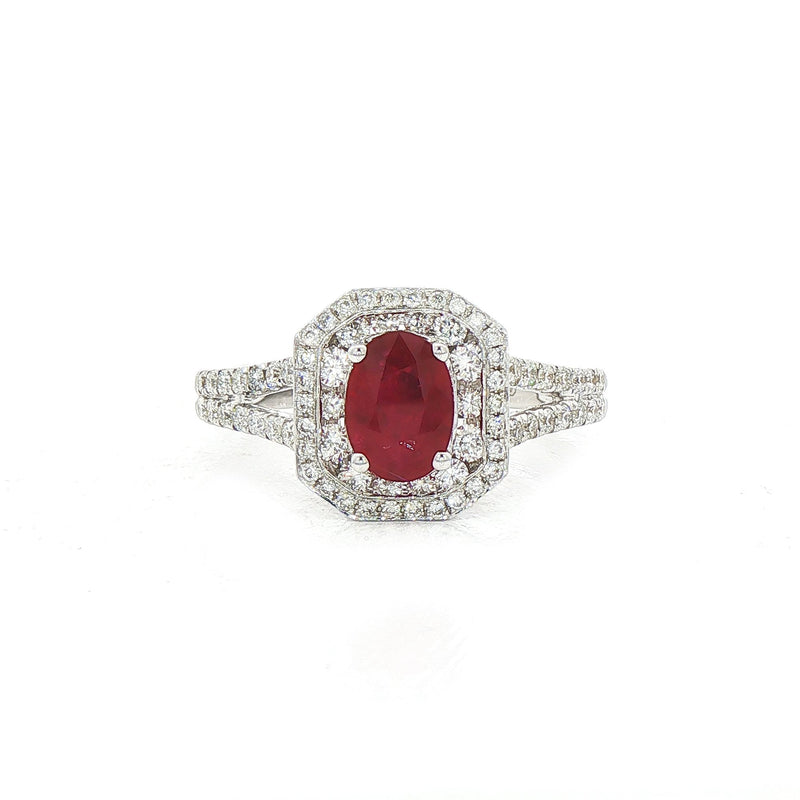 0.95ct Oval Ruby & Natural Diamond Cluster 0.60ct with Diamond Split Band in 18ct White Gold