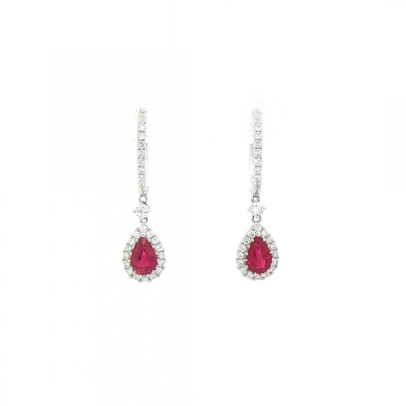 0.95ct Ruby and 0.50ct Natural Diamond Pear Drop Earring in 18ct White Gold