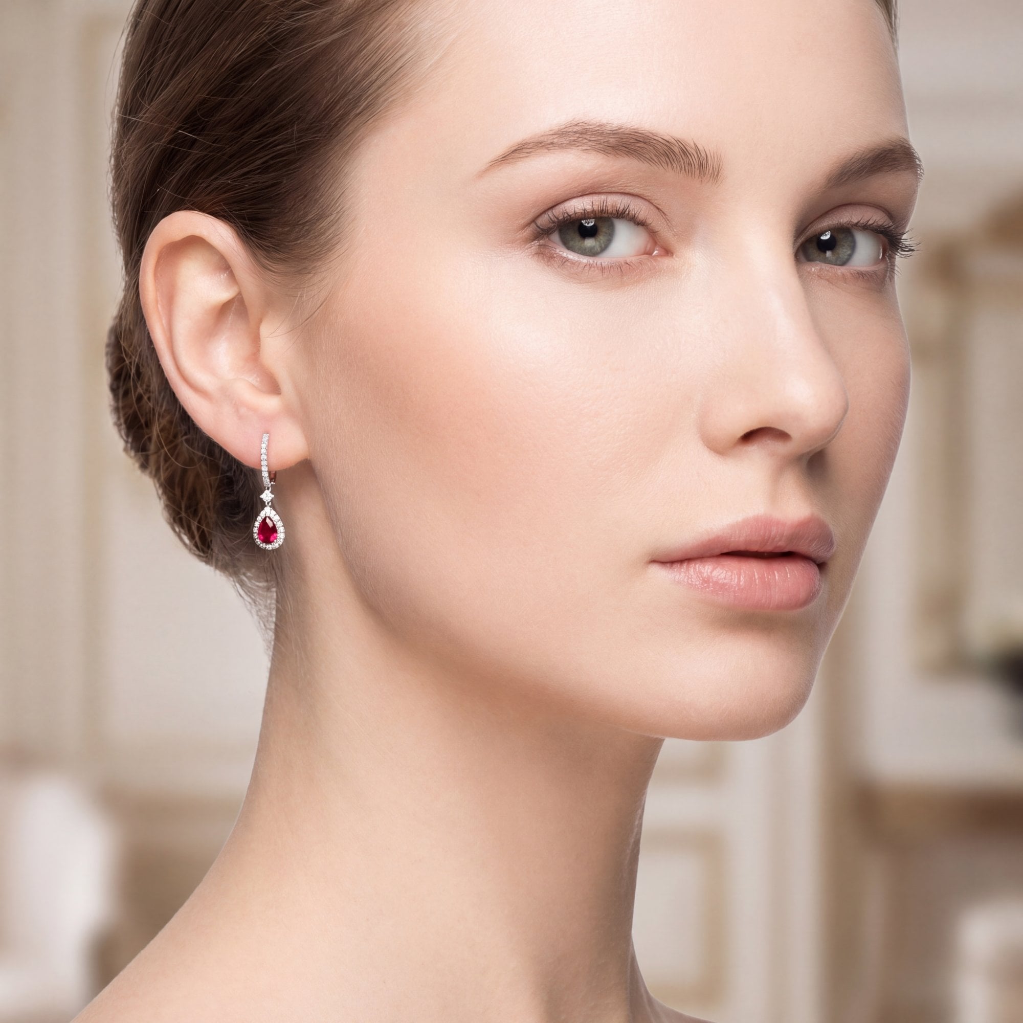 0.95ct Ruby and 0.50ct Natural Diamond Pear Drop Earring in 18ct White Gold