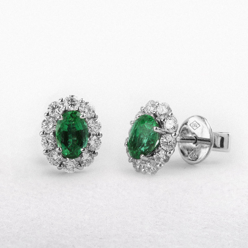 0.97ct Oval Emerald & 0.68ct Natural Diamond Stud Earrings in 18ct White Gold