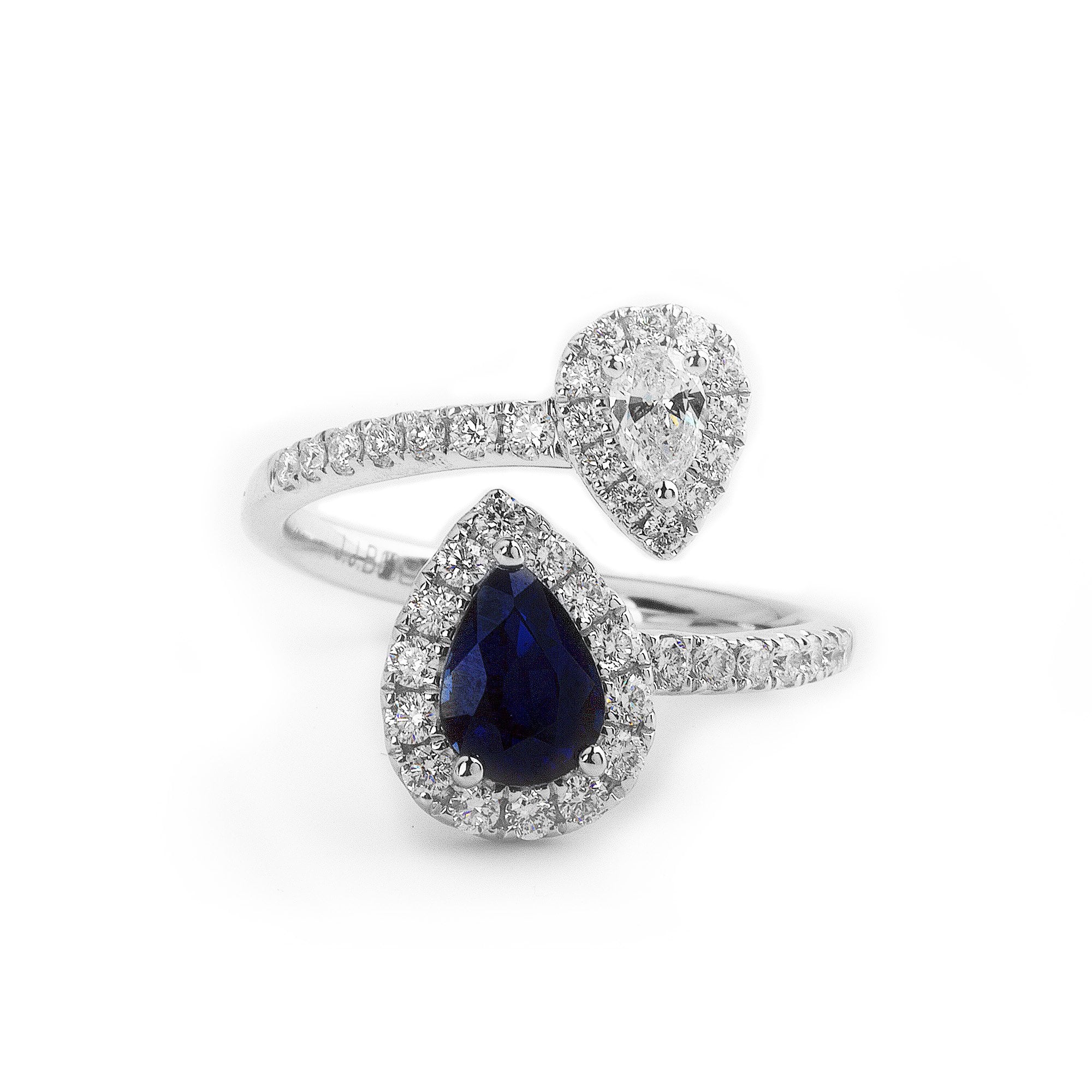 0.98ct Pear Cut Sapphire and Pear Cut Natural Diamond Moi et Toi Ring in 18ct White Gold