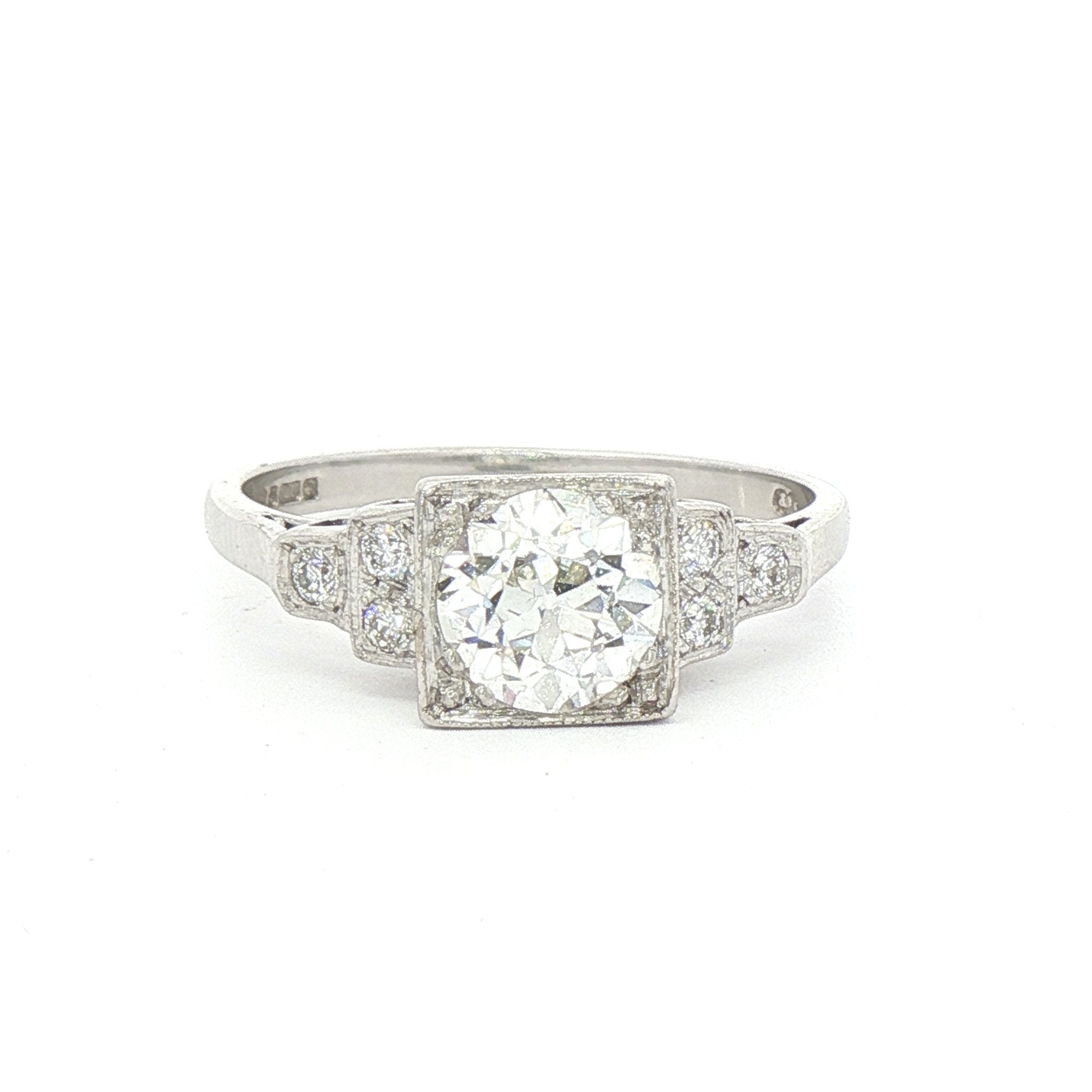 0.99ct Round Cut Natural Diamond Solitaire Ring Set In A Square Antique Setting In 18ct White Gold