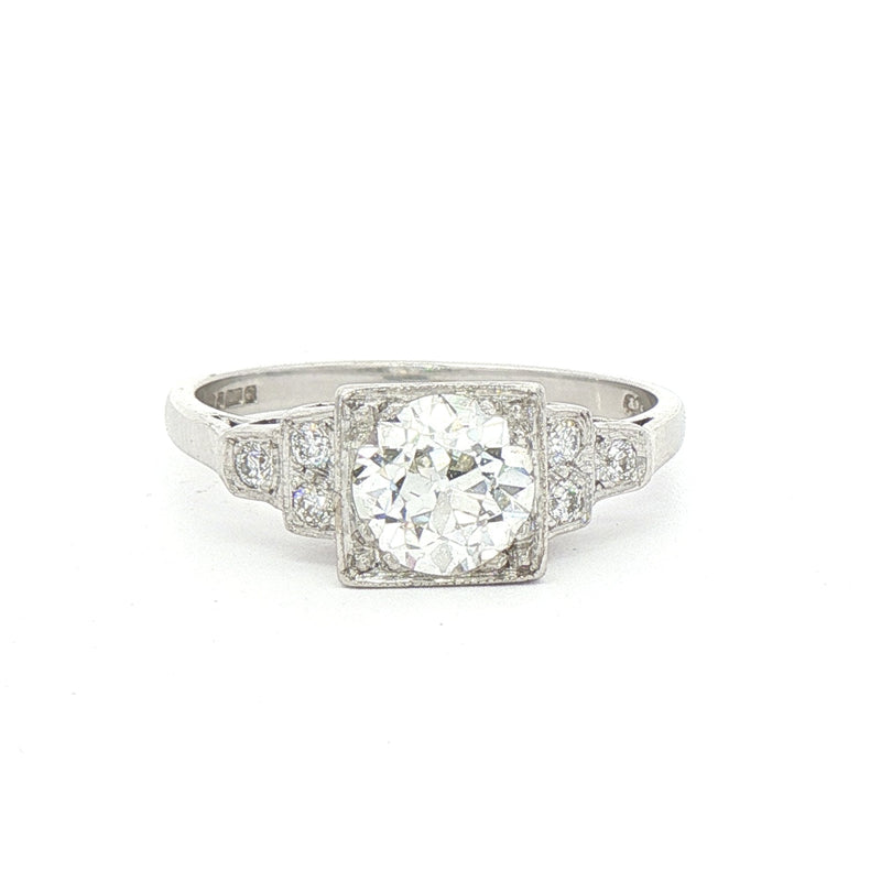 0.99ct Round Cut Natural Diamond Solitaire Ring Set In A Square Antique Setting In 18ct White Gold
