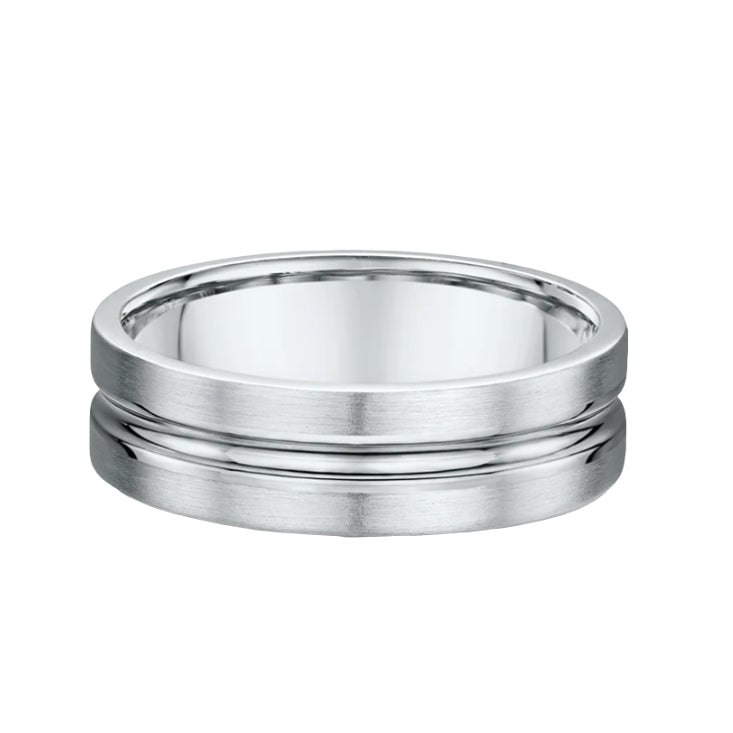 6mm Satin & Polished Unique Groove Gents Wedding Band In 18ct White Gold