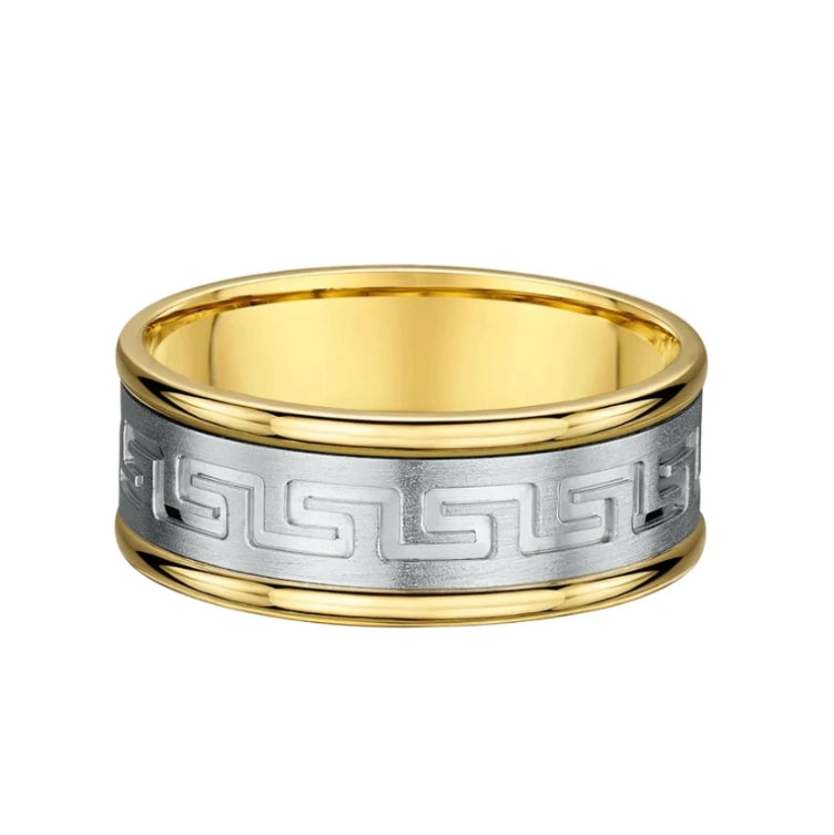 8mm Two Tone Gents Greek Pattern Wedding Band In 18ct Gold
