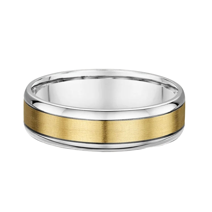 6.85mm Two Tone Gents Satin Brushed Centre & White Gold Polished Edge Wedding Band In 18ct Gold
