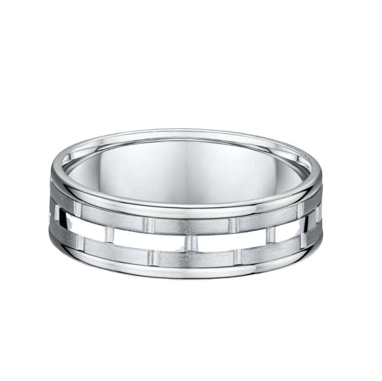 7mm 3 Rows Matt & Polished Gents Fancy Wedding Band In 18ct White Gold