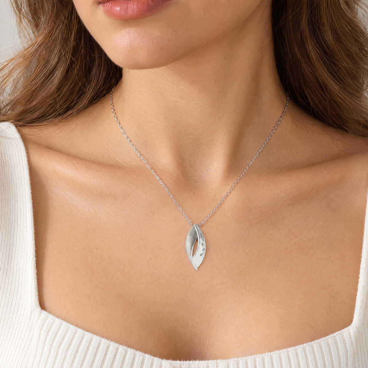 Natural Diamond Leaf Set Pendant in 9ct White Gold