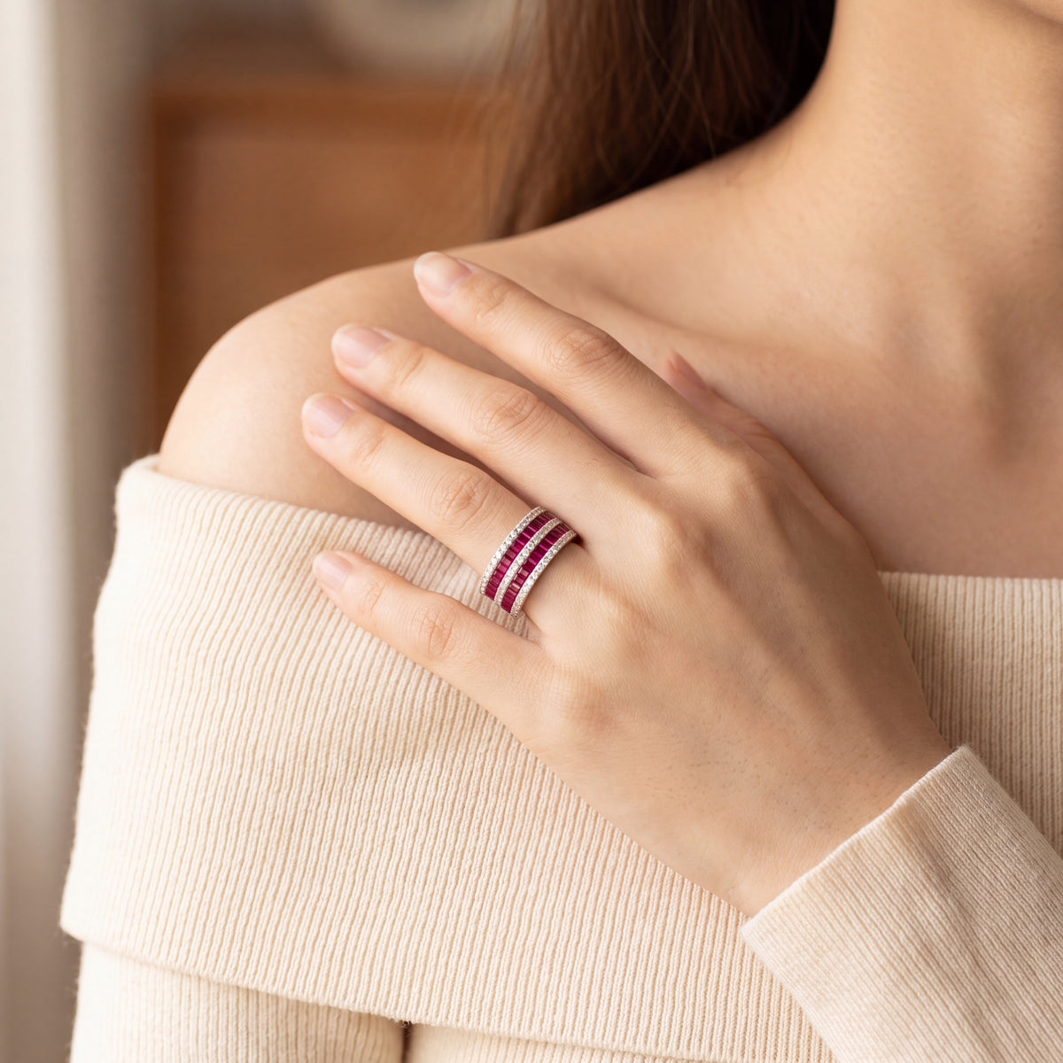 Natural Ruby and Diamond Five Row Dress Ring in 18ct White Gold