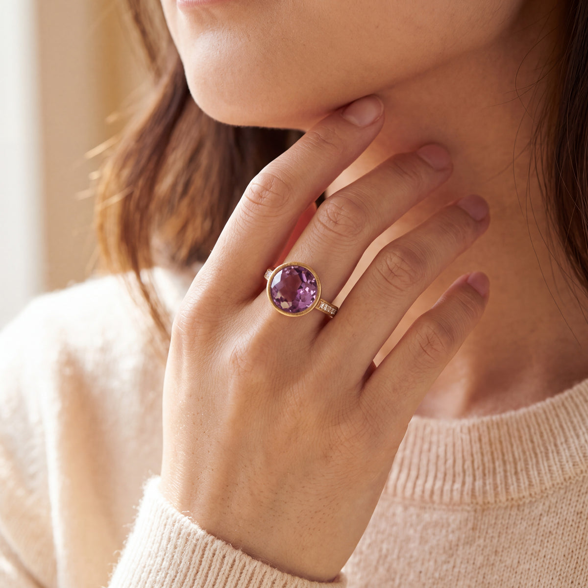 Amythyst Natural Diamond Dress Ring in 9ct Yellow Gold