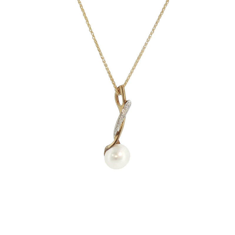Pearl and Natural Diamond Drop Pendant in 9ct Yellow Gold