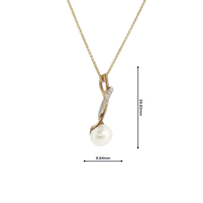 Pearl and Natural Diamond Drop Pendant in 9ct Yellow Gold