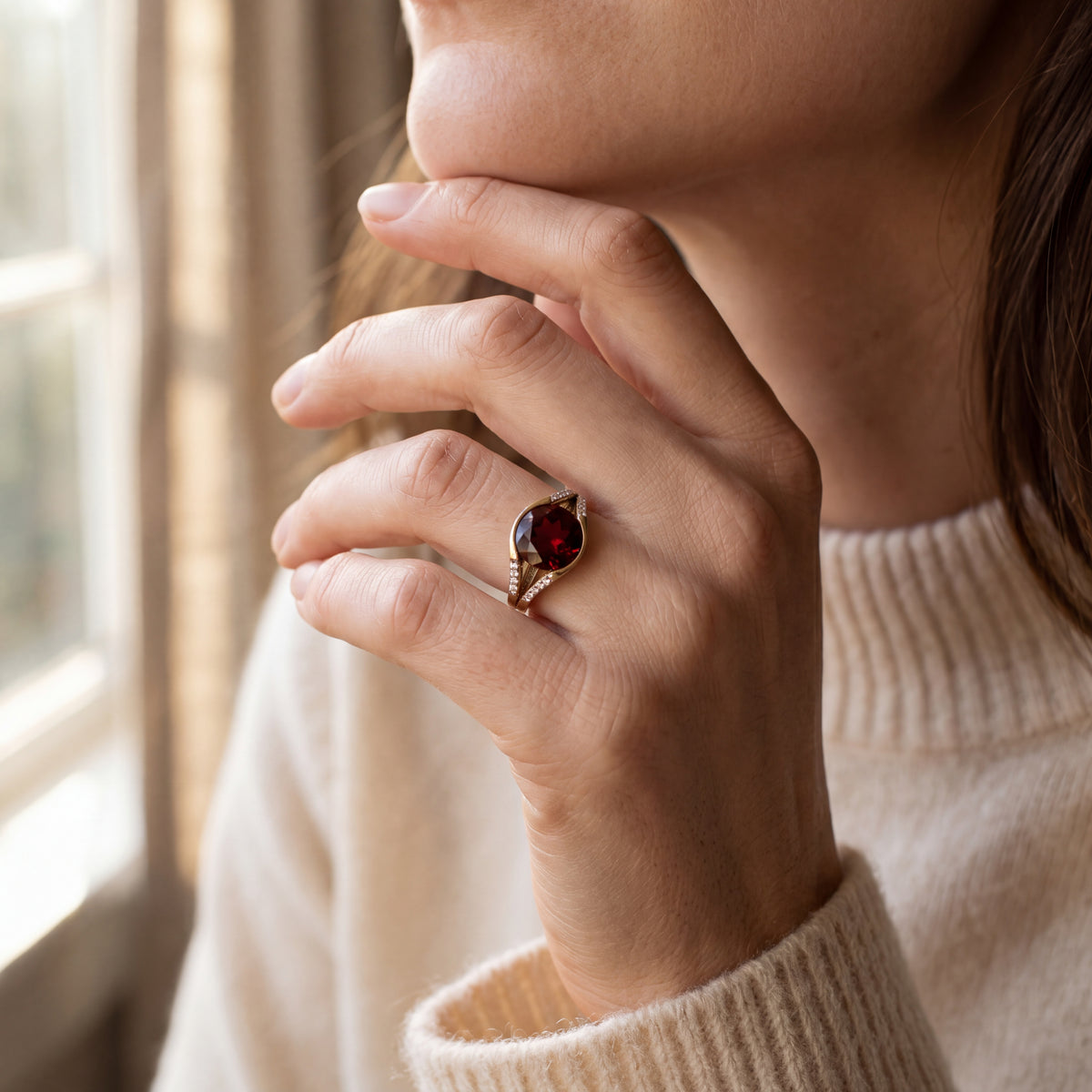 Garnet Natural Diamond Dress Ring in 9ct Yellow Gold