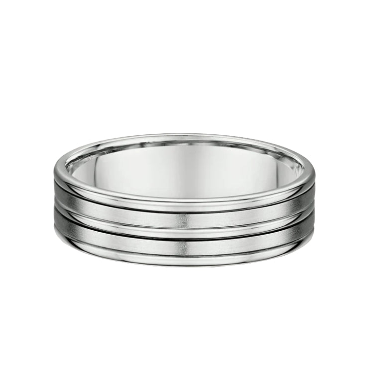 6mm 5 Row Satin & Polished Gents Fancy Wedding Band In 18ct White Gold