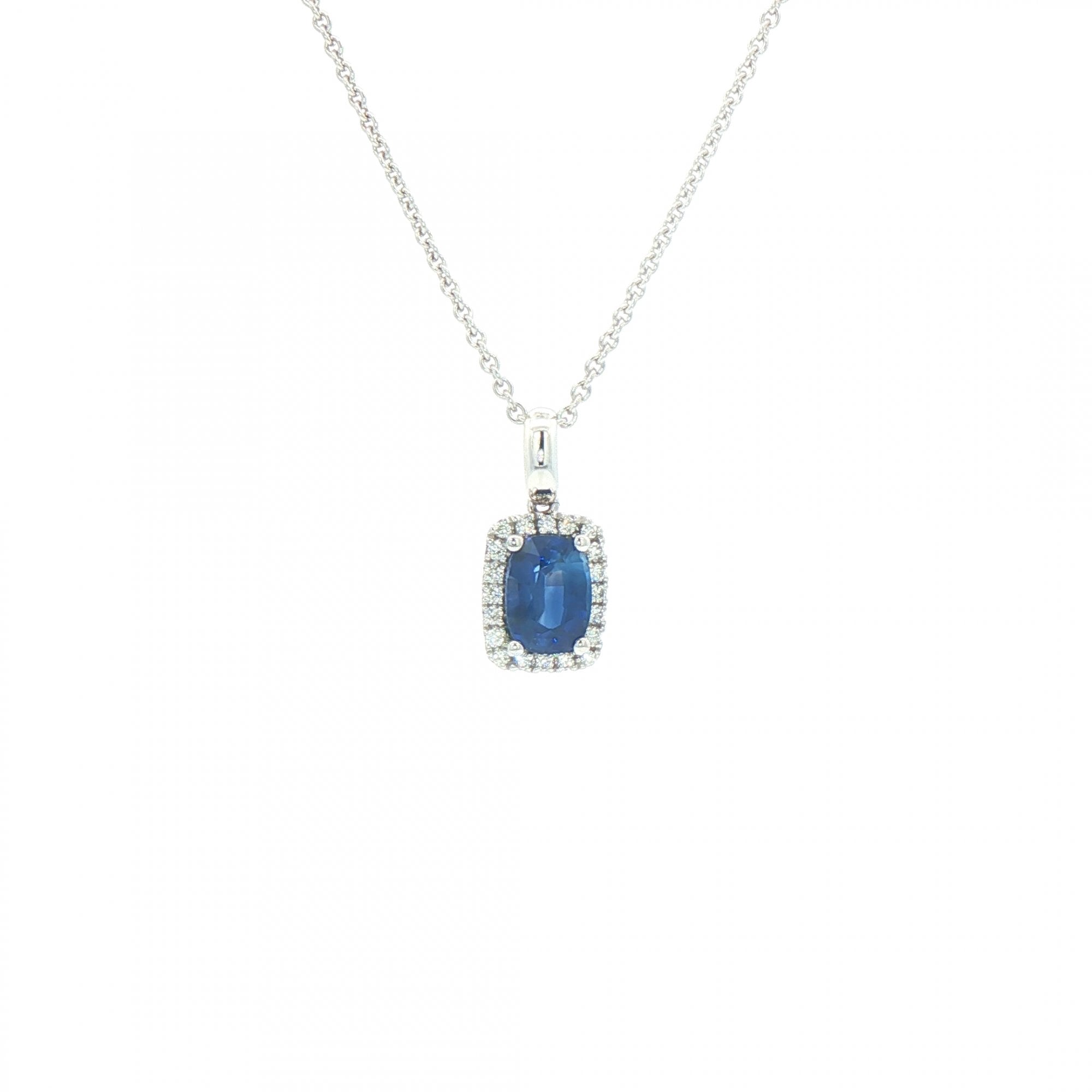 1.01ct Cush Sapphire and 0.09ct Natural Diamond Pendant in 18ct White Gold