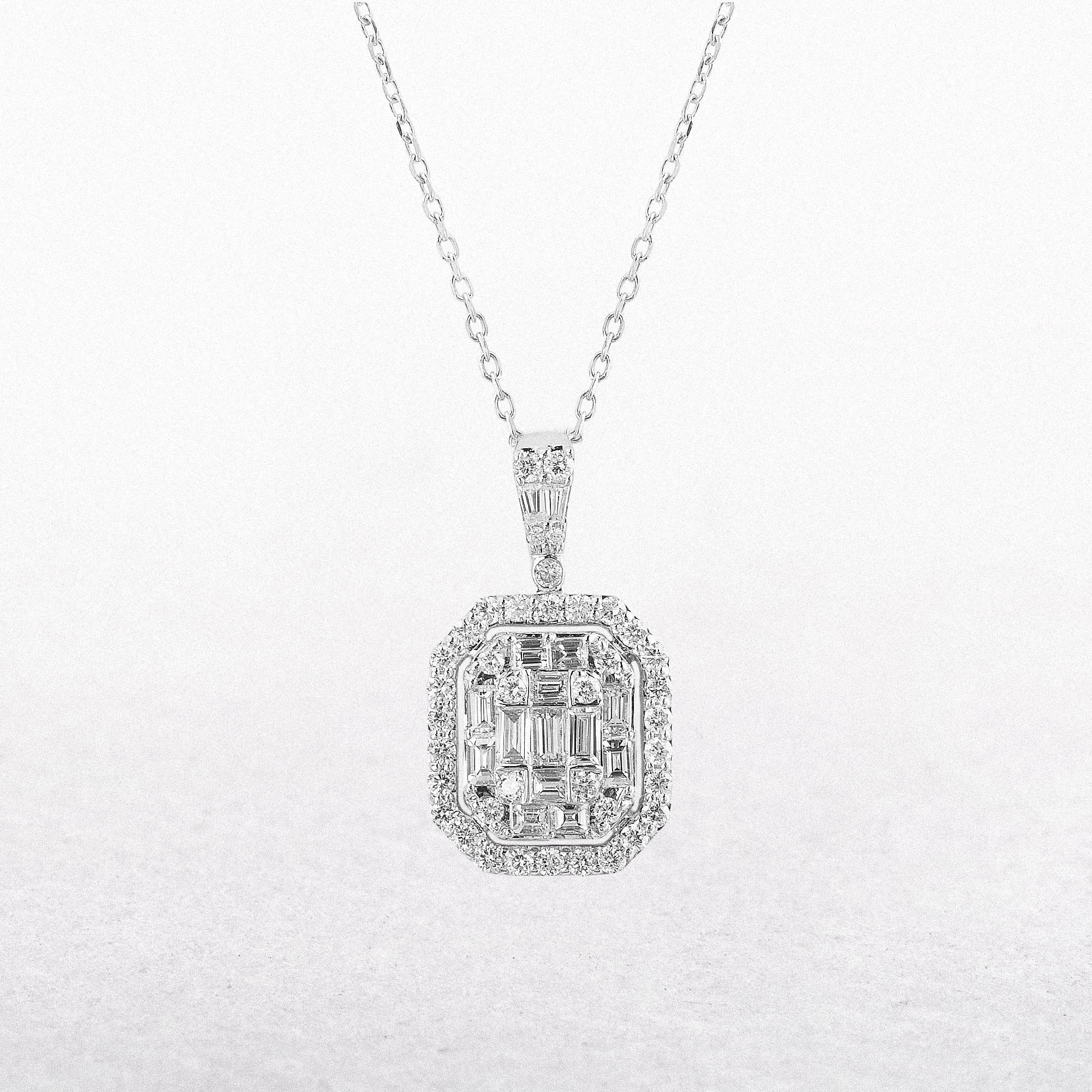 1.01ct Natural Diamond Multi Stone Emerald Shaped Halo Diamond Pendant in 18ct White Gold