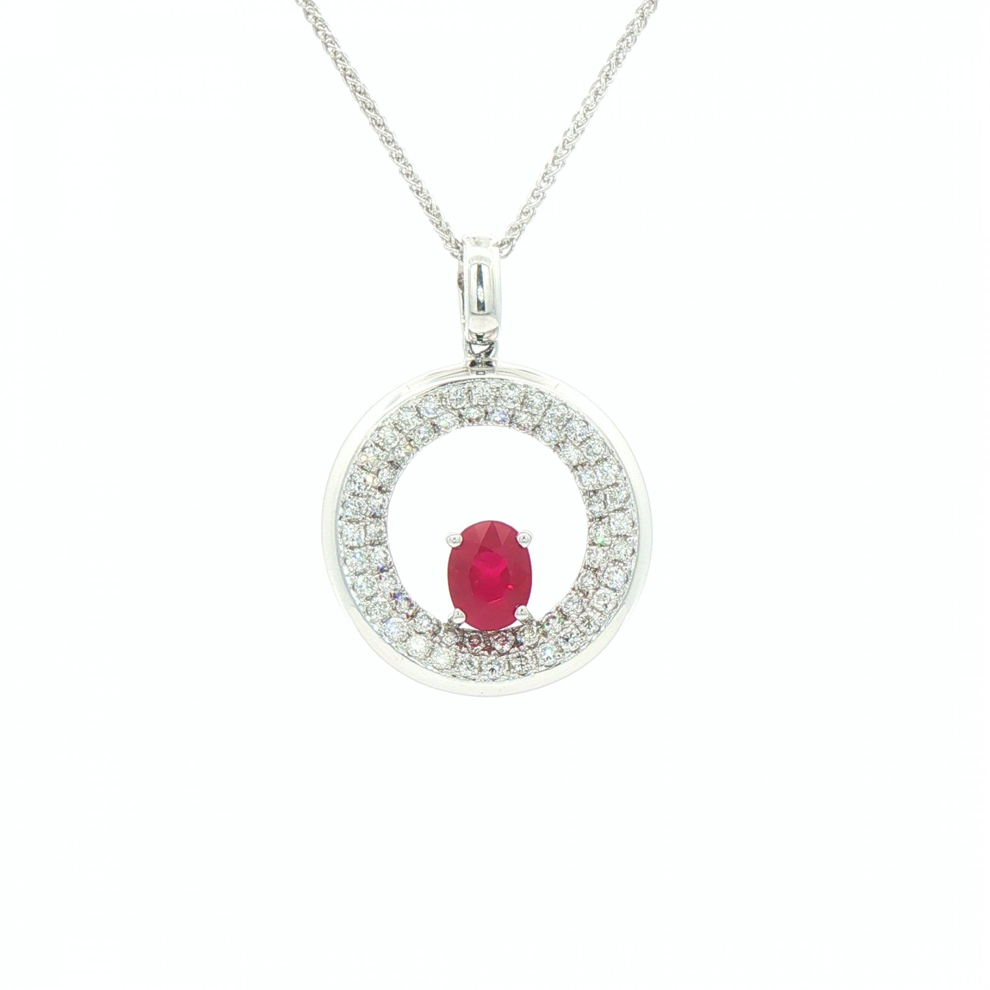 1.02ct Oval Ruby & 0.68ct Natural Diamond Cluster Open Circular Pendant in 18ct White Gold