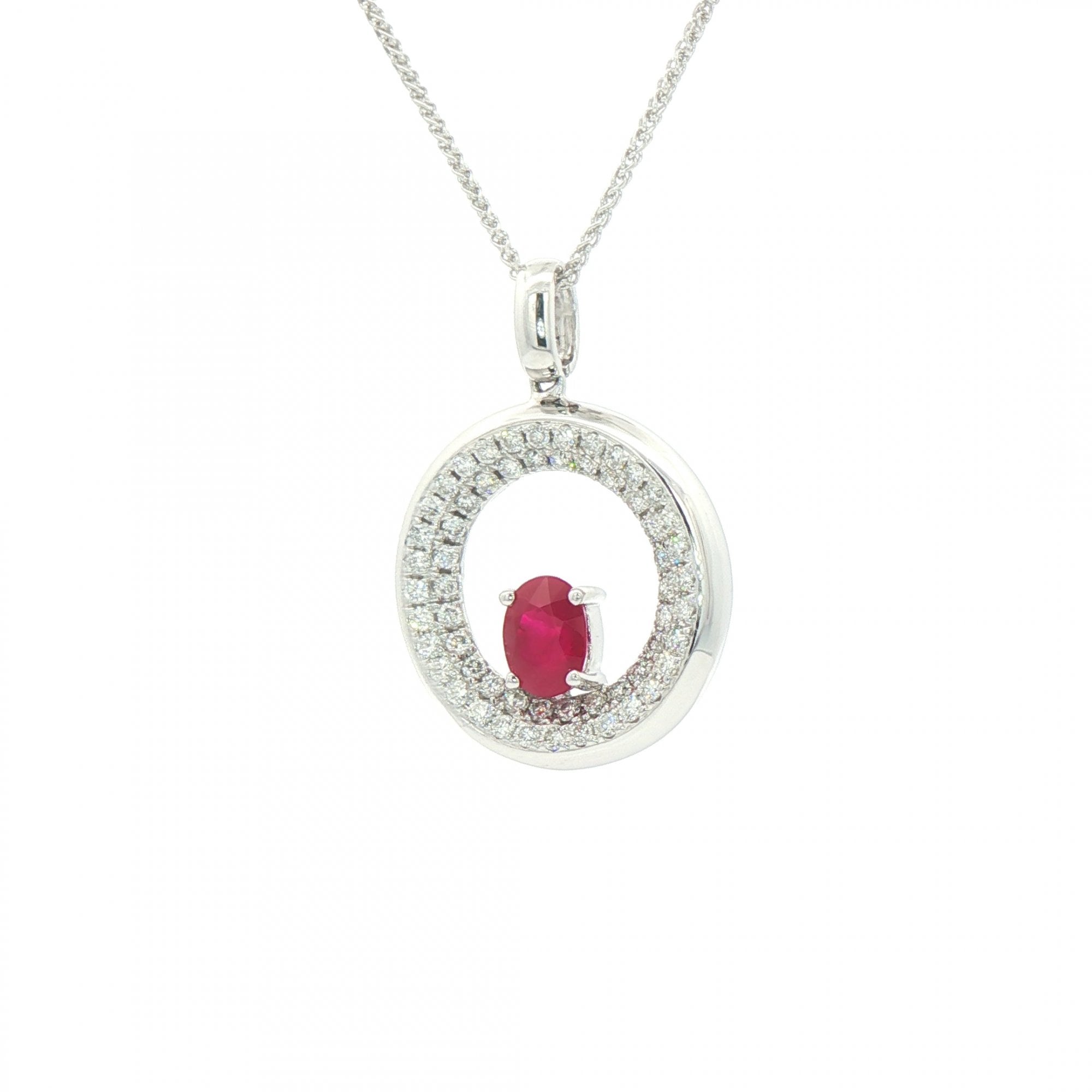 1.02ct Oval Ruby & 0.68ct Natural Diamond Cluster Open Circular Pendant in 18ct White Gold