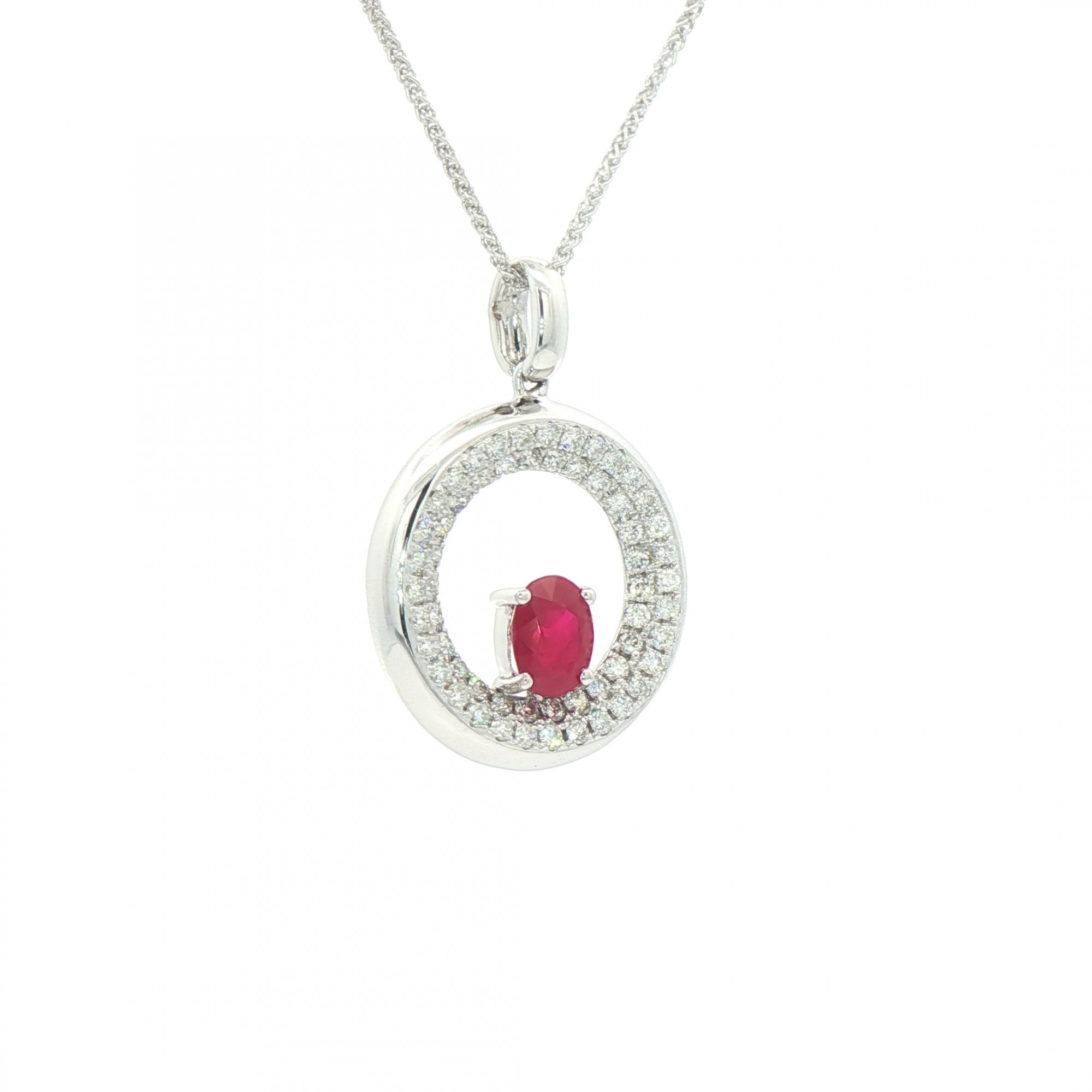 1.02ct Oval Ruby & 0.68ct Natural Diamond Cluster Open Circular Pendant in 18ct White Gold