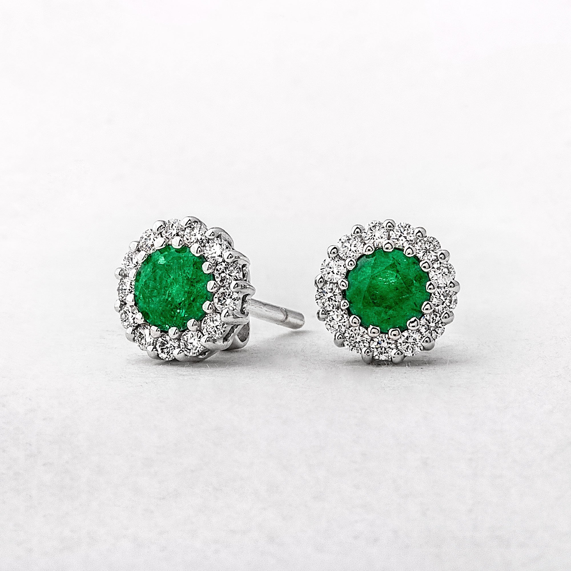 1.03ct Emerald & 0.41ct Natural Diamond Cluster Stud Earrings in 18ct White Gold