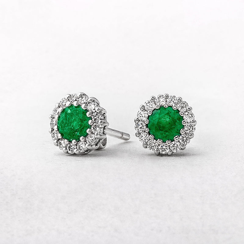 1.03ct Emerald & 0.41ct Natural Diamond Cluster Stud Earrings in 18ct White Gold