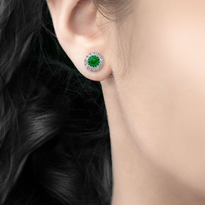 1.03ct Emerald & 0.41ct Natural Diamond Cluster Stud Earrings in 18ct White Gold