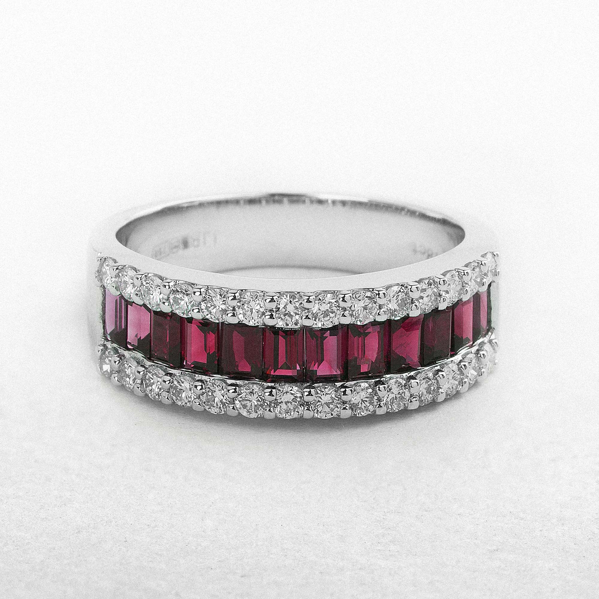 1.06ct Ruby & 0.48ct Natural Diamond Three Row Dress Ring in 18ct White Gold