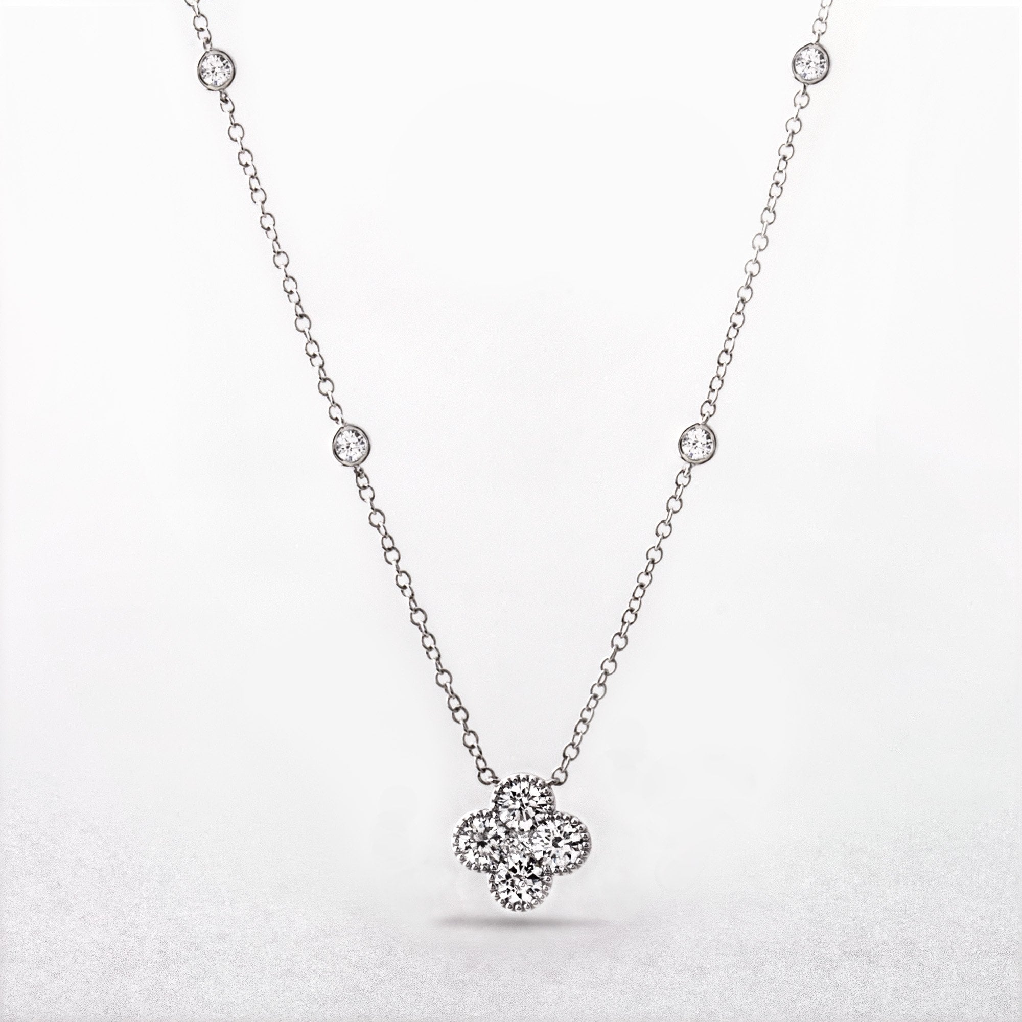1.07ct Four Natural Diamond Flower Shape 18ct Gold Pendant with Diamond Chain