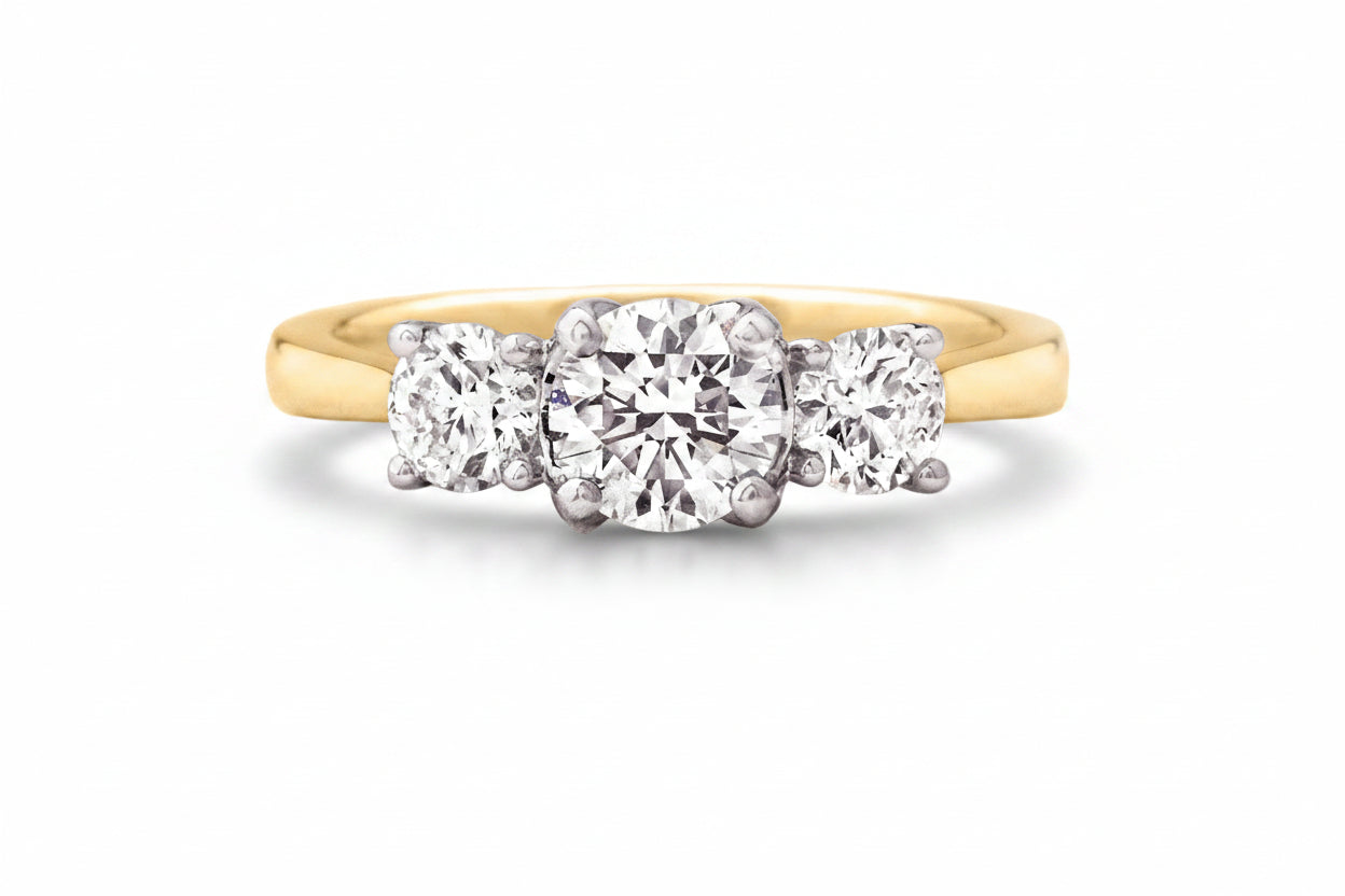 1.11ct E SI1 GIA Certified Round Natural Diamond Three Stone Ring in 18ct Yellow Gold