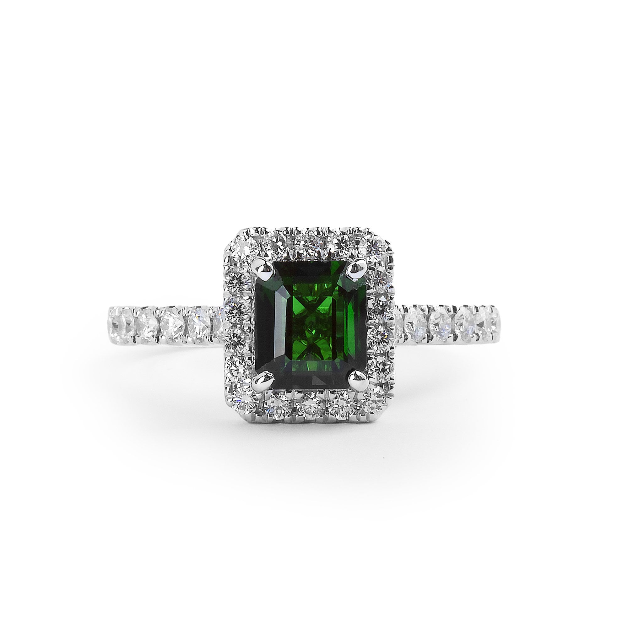1.12ct Emerald Cut Green Garnet & Natural Diamond Halo & Shoulders 0.42ct In 18ct White Gold