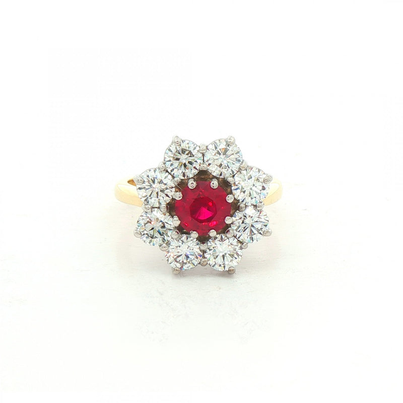 1.14ct Ruby & 2.44ct Natural Diamond Cluster Ring 18ct Yellow Gold
