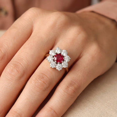 1.14ct Ruby & 2.44ct Natural Diamond Cluster Ring 18ct Yellow Gold