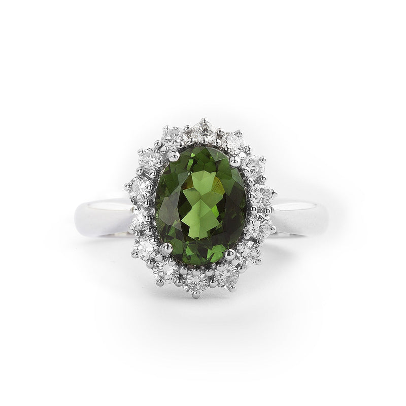 1.20ct Oval Green Tourmaline and Natual Diamond Cluster Ring in 18ct White Gold