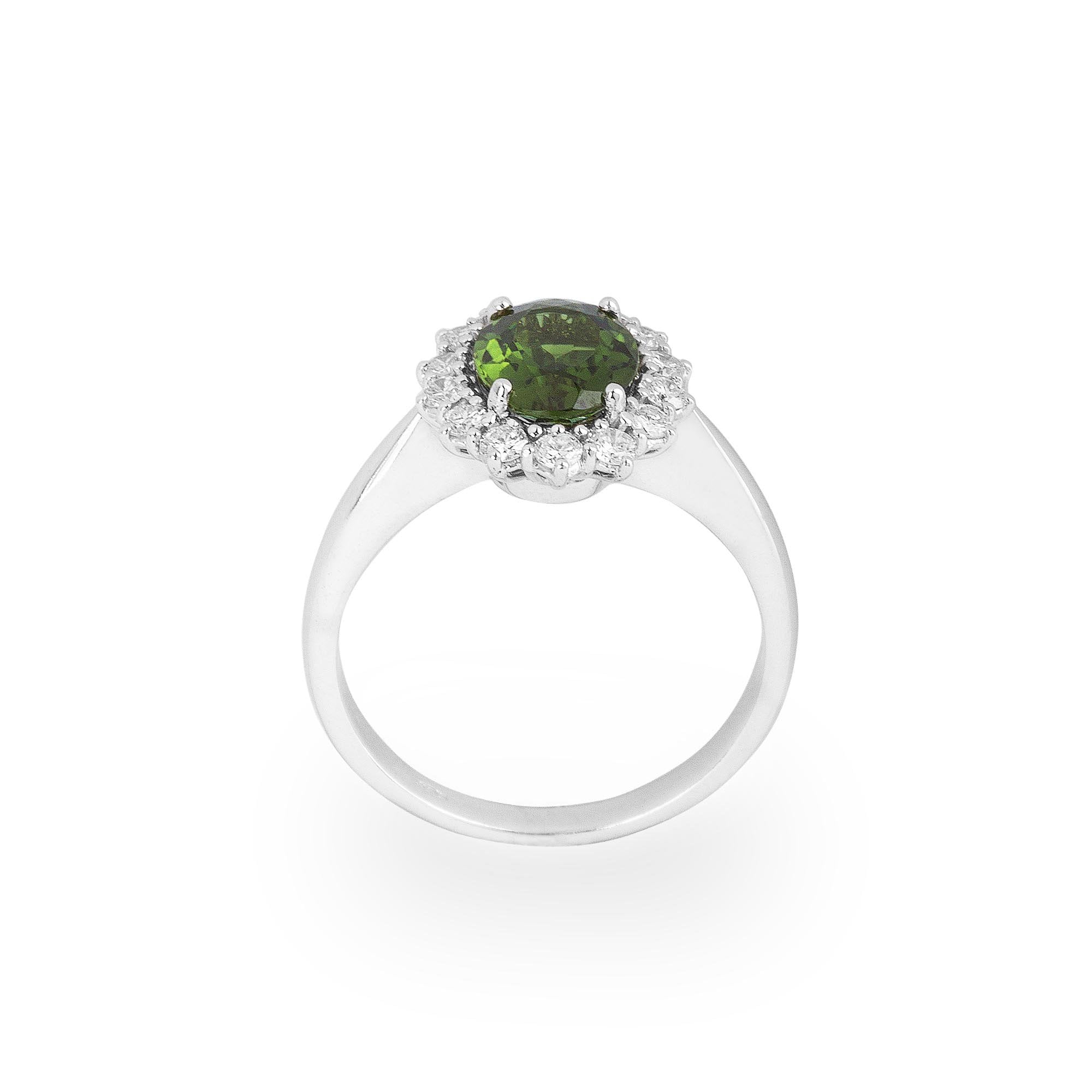 1.20ct Oval Green Tourmaline and Natual Diamond Cluster Ring in 18ct White Gold