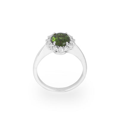 1.20ct Oval Green Tourmaline and Natual Diamond Cluster Ring in 18ct White Gold
