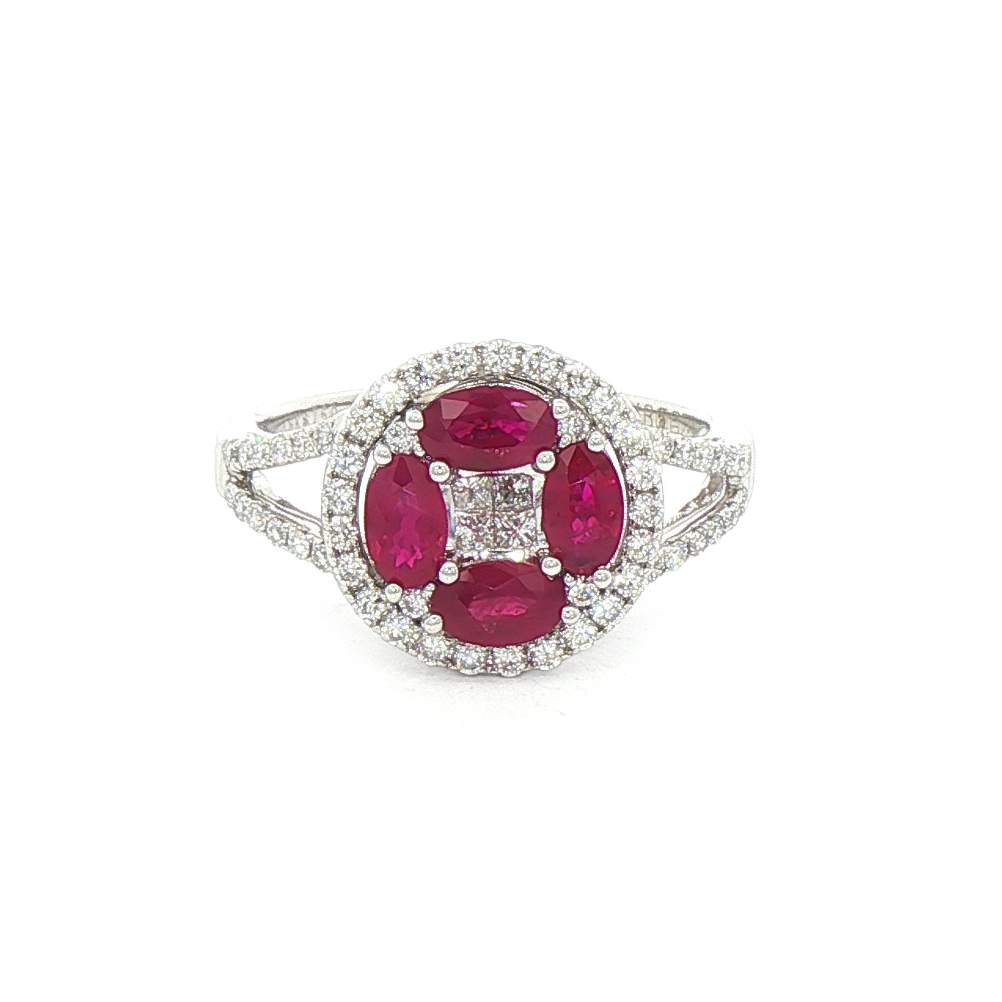 1.20ct Ruby & Natural Diamond 0.56ct Round Dress Ring with Split Shoulders in 18ct White Gold