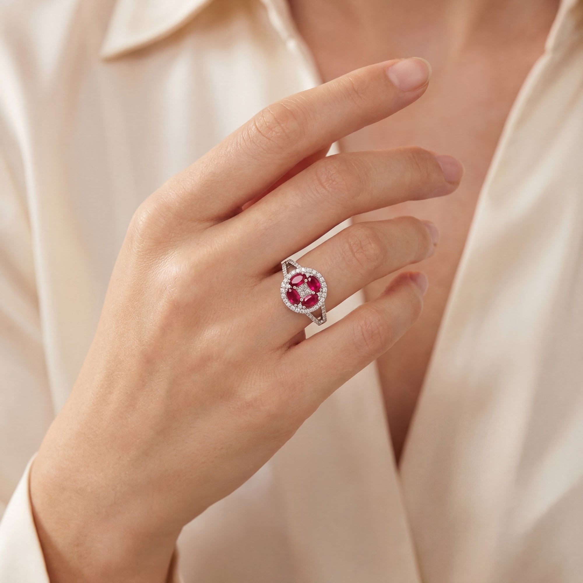 1.20ct Ruby & Natural Diamond 0.56ct Round Dress Ring with Split Shoulders in 18ct White Gold