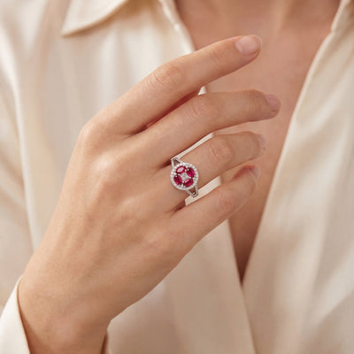 1.20ct Ruby & Natural Diamond 0.56ct Round Dress Ring with Split Shoulders in 18ct White Gold