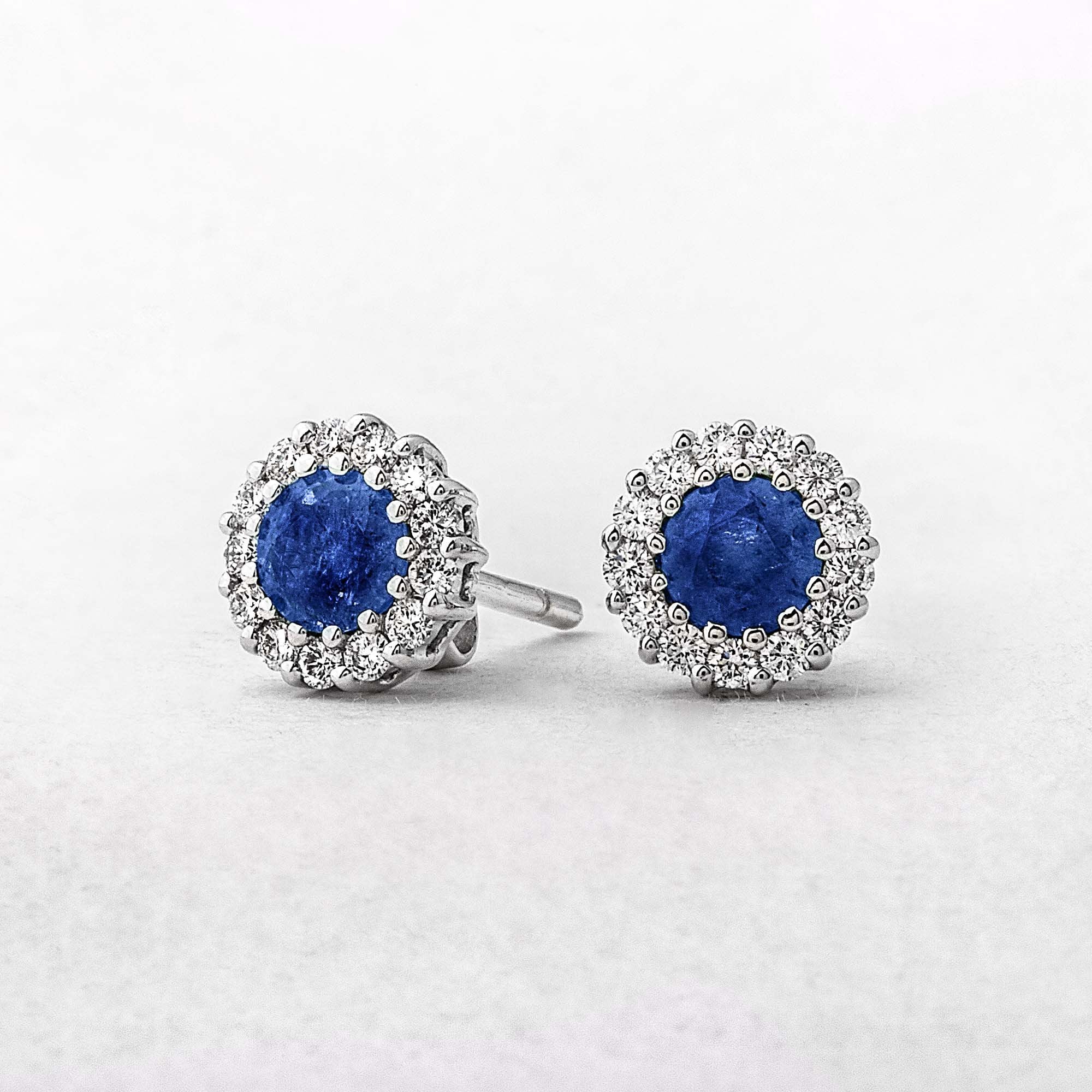 1.21ct Sapphire & 0.41ct Natural Diamond Round Cluster Stud Earrings in 18ct White Gold