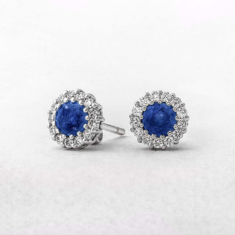 1.21ct Sapphire & 0.41ct Natural Diamond Round Cluster Stud Earrings in 18ct White Gold