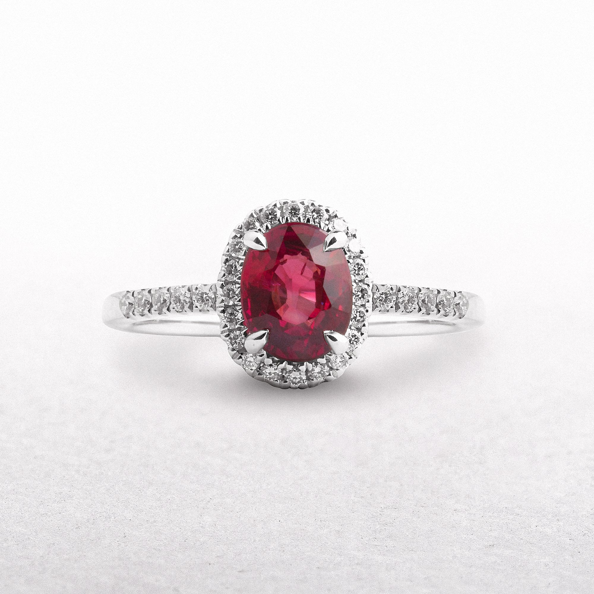 1.25ct Oval Ruby With 0.20ct Natural Diamond Halo & Shoulders in 18ct White Gold